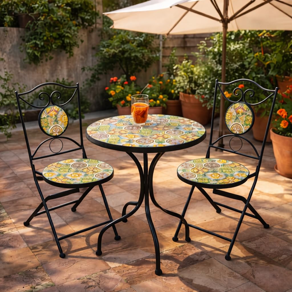 Set Tavolo e 2 Sedie Pieghevoli da Giardino in Metallo con Mosaico, Set 3 Pezzi Tondo per Balcone Terrazzo Bistro (Giallo)