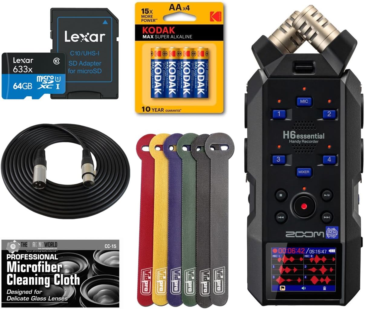 Zoom H6essential (2024 Model, Essential Series) with 32-Bit Float, 6-Track Recorder, Stereo Microphones, 4 XLR/TRS Inputs, for Musicians, Podcasters, & Filmmakers with 64GB Card, Batteries + Bundle