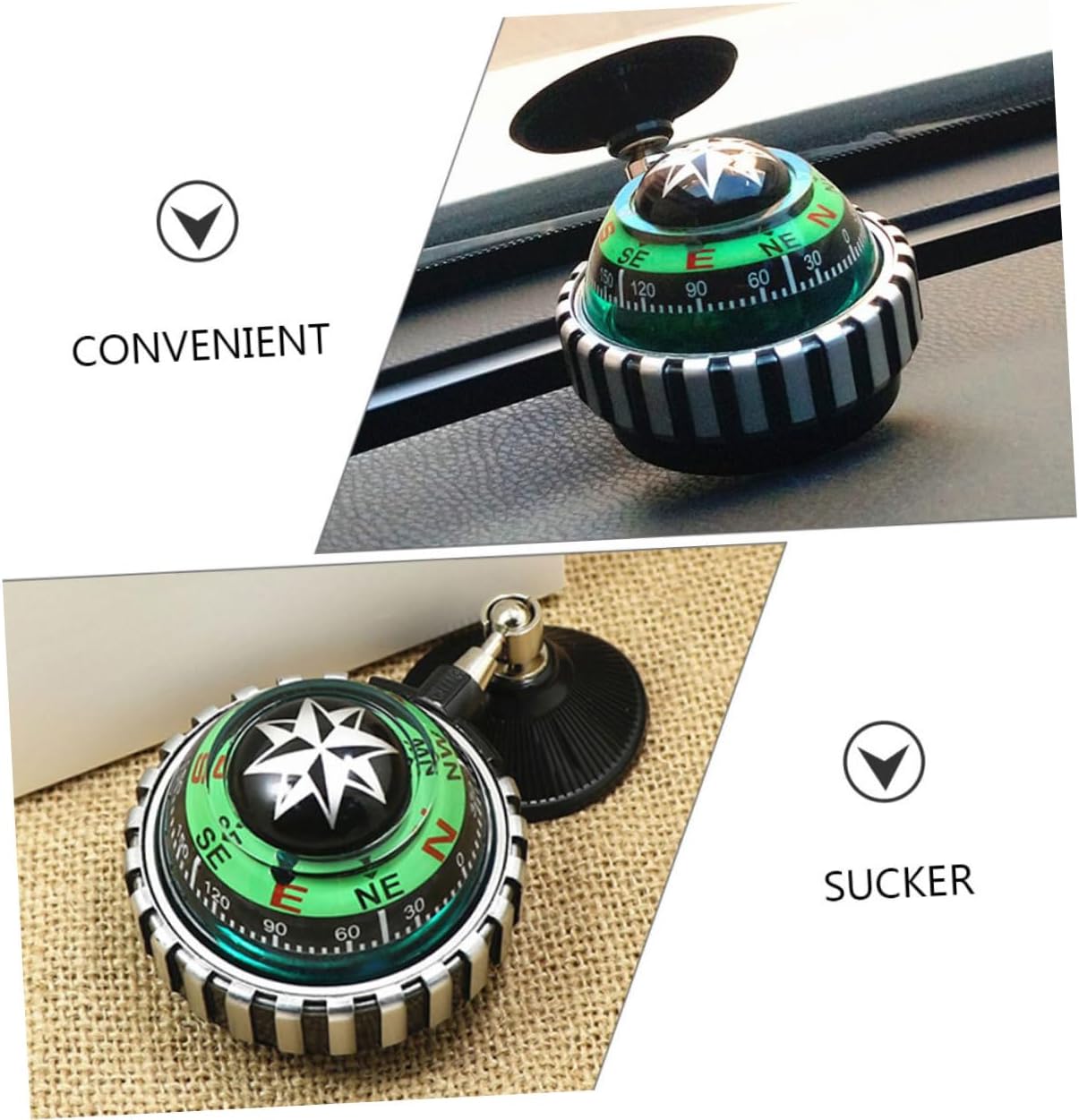 2pcs Adjustable Green Ball Car Compass with Suction Cup Mount Abs Dashboard Navigation Tool for Trucks Boats Outdoor Hiking