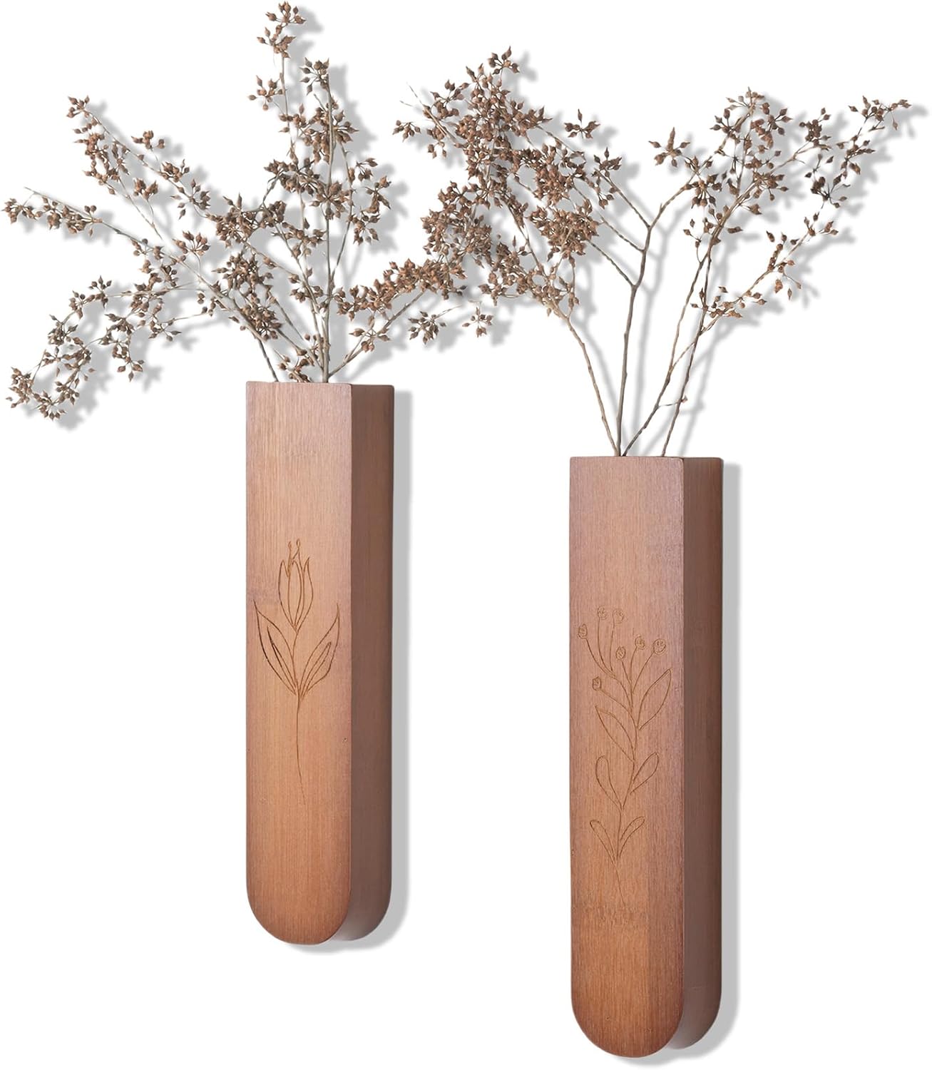 WoParty Wood Wall Vase Set of 2 - 11.6" Rustic Brown Planters for Dried Flowers, Faux Greenery - Farmhouse Bathroom Kitchen Wall Decor