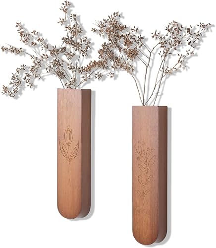 Wood Wall Vase Set of 2, 11.6 x 2.52 x 1.37 inch for Dried Flowers and Faux Greenery Plants for Bathroom,Kitchen,Farmhouse,Dining Room Wall Decor （Brown
