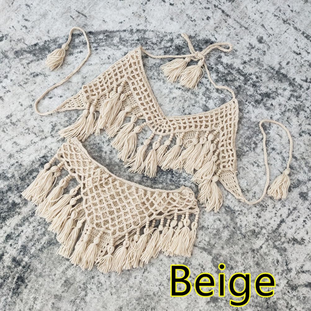 Damskie Szydełkowe Zestawy Bikini Halter Trójkątne Bikini Seksowne Wysokie Stringi Z Fędzlami Krawat Stroje Kąpielowe