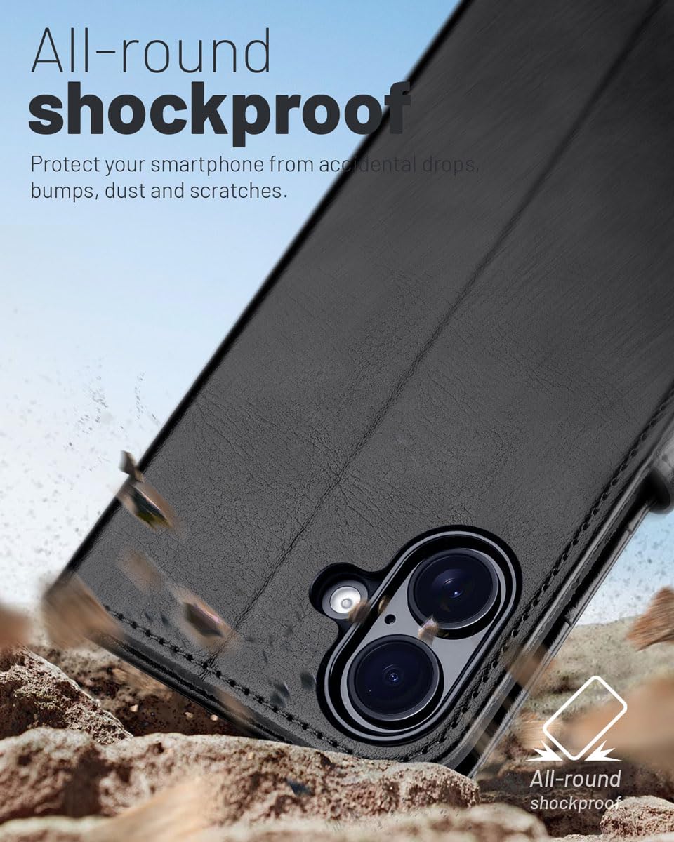 OCASE Coque pour iPhone 17, Housse en Cuir PU avec Fentes Cartes, Blocage RFID, Support Intégré et Protection Antichoc Etui Portefeuille pour iPhone 17 (6,3 Pouces, 2025) - Noir