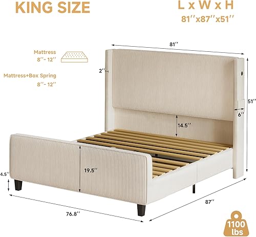 Miniatura 2 de Marco de Cama Tamaño King y Cabecero, Marco de Cama King Tapizada con Cabecero Alto Tipo Wingback y Piecera, Puertos USB, Fácil Montaje, Beige