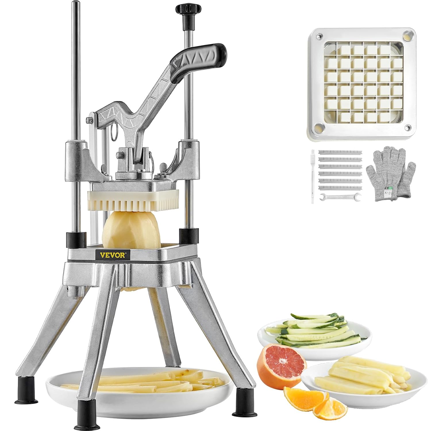 VEVOR Commercial Vegetable Fruit Chopper 1/2? Blade Heavy Duty Professional Food Dicer Kattex French Fry Cutter Onion Slicer Stainless Steel for Tomato Peppers Potato Mushroom, Sliver Lever style 1/2?