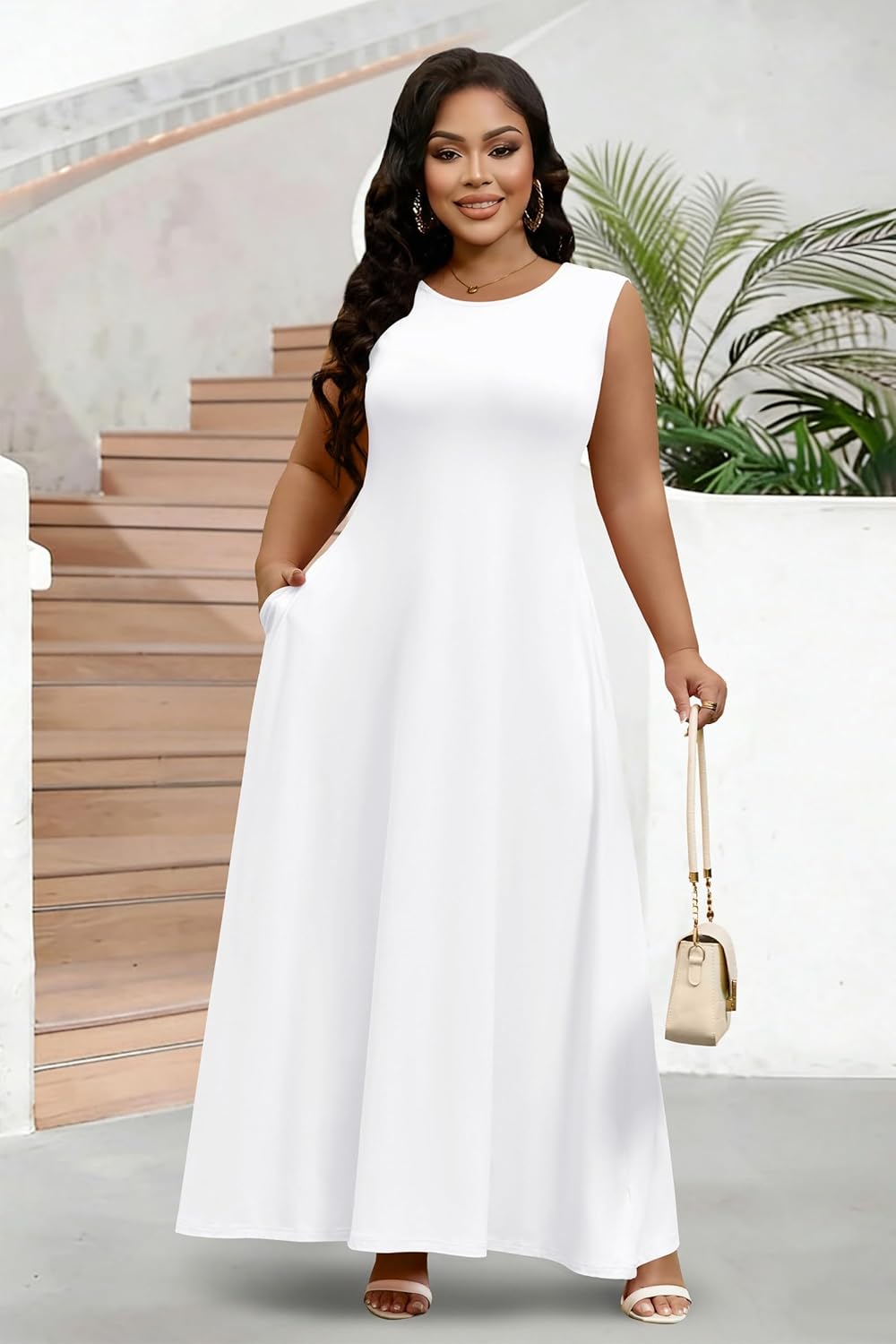 FANDEE Women's Maxi Dress Sleeveless Strap Crew Neck Dress with Pockets Pull‑On Long Casual Maxi Dress for Women - Image 3