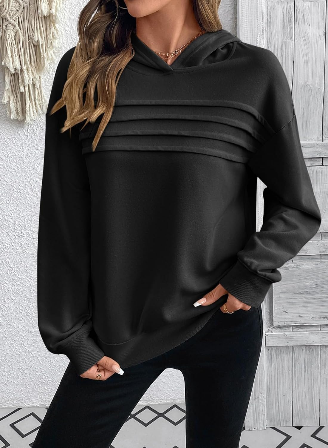 SHEWIN 2025 Womens Hoodies Pleated Sweatshirt Fall Lightweight Pullover Tops - Image 2