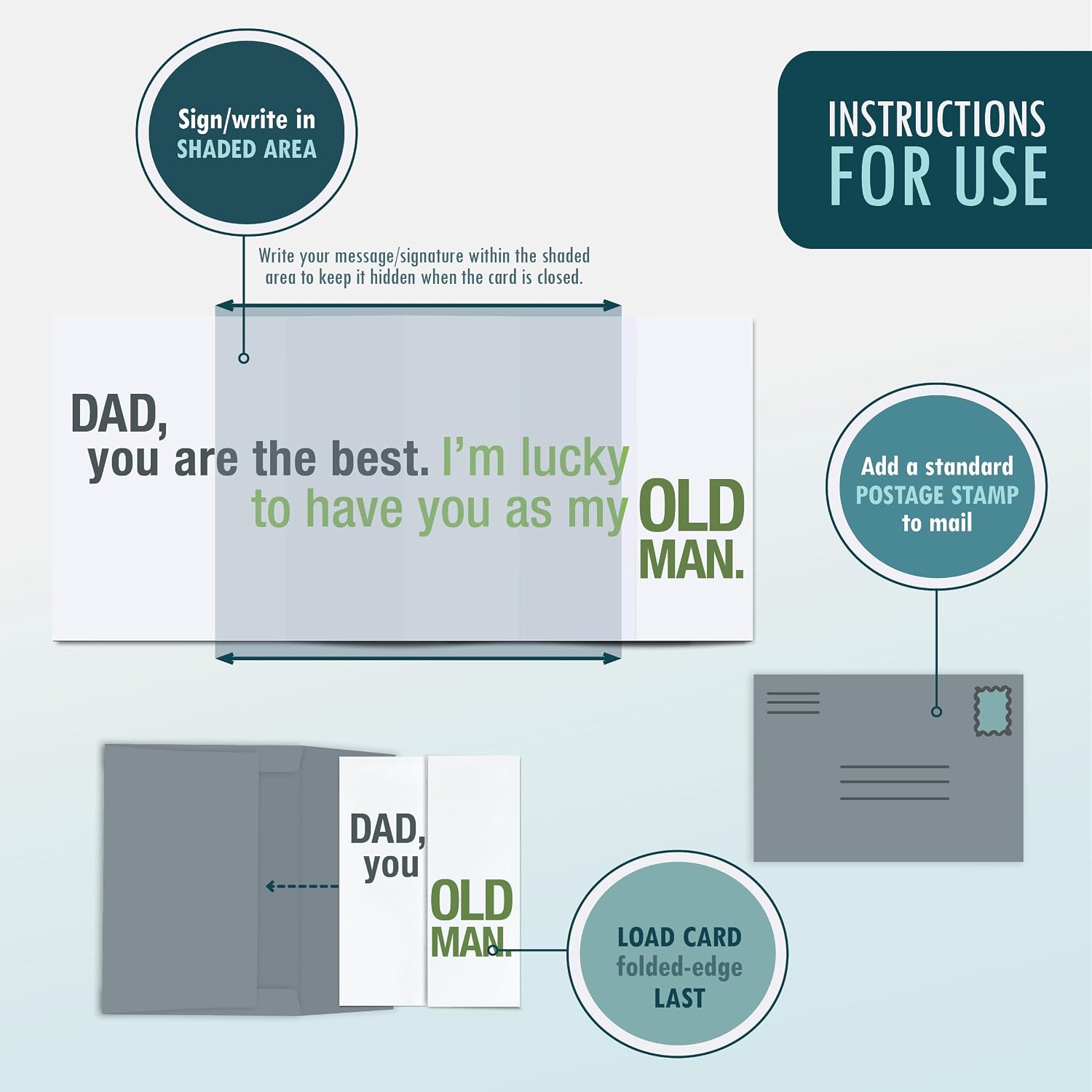 Funny Birthday Father’s Day Card- Dad, You Old Man. Secret Reveal Accordion-Fold 4.5” x 6.25” Expands to 13.5” x 6.25”. Sturdy Matte Cardstock with Envelope. Unique and Snarky Greeting with Sweet Message. image 4