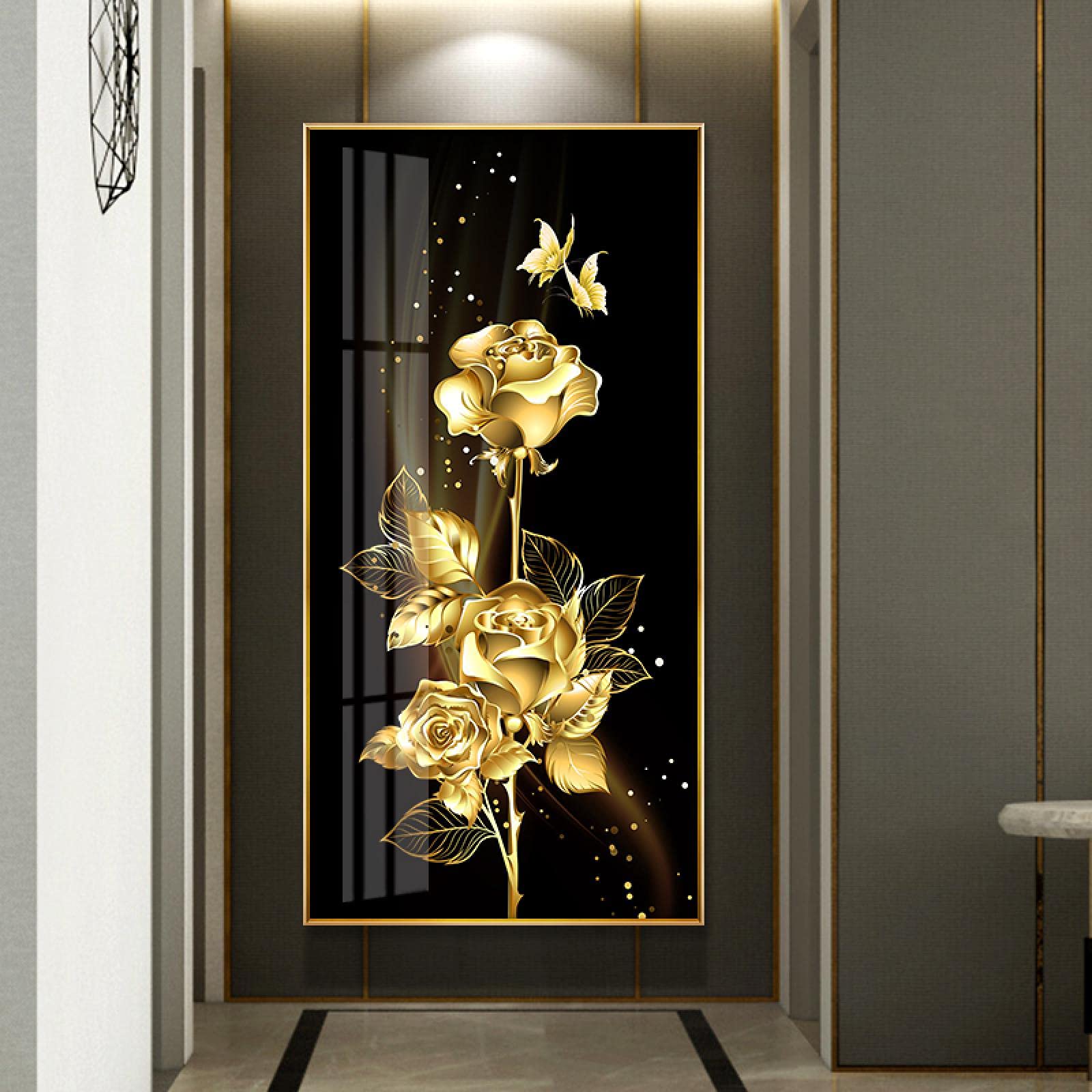 ZHMANLUCK Gran tamaño negro dorado rosa flor mariposa cartel abstracto arte nórdico planta lienzo pintura de gran tamaño moderno cuadro de pared 43x86cm/(17x34inch) con marco dorado