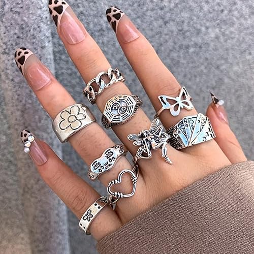 Miniatura 3 de Anillos punk de plata vintage para hombres mujeres y niñas juego de anillos góticos geniales anillo gótico Eboy anillos emo gruesos abiertos