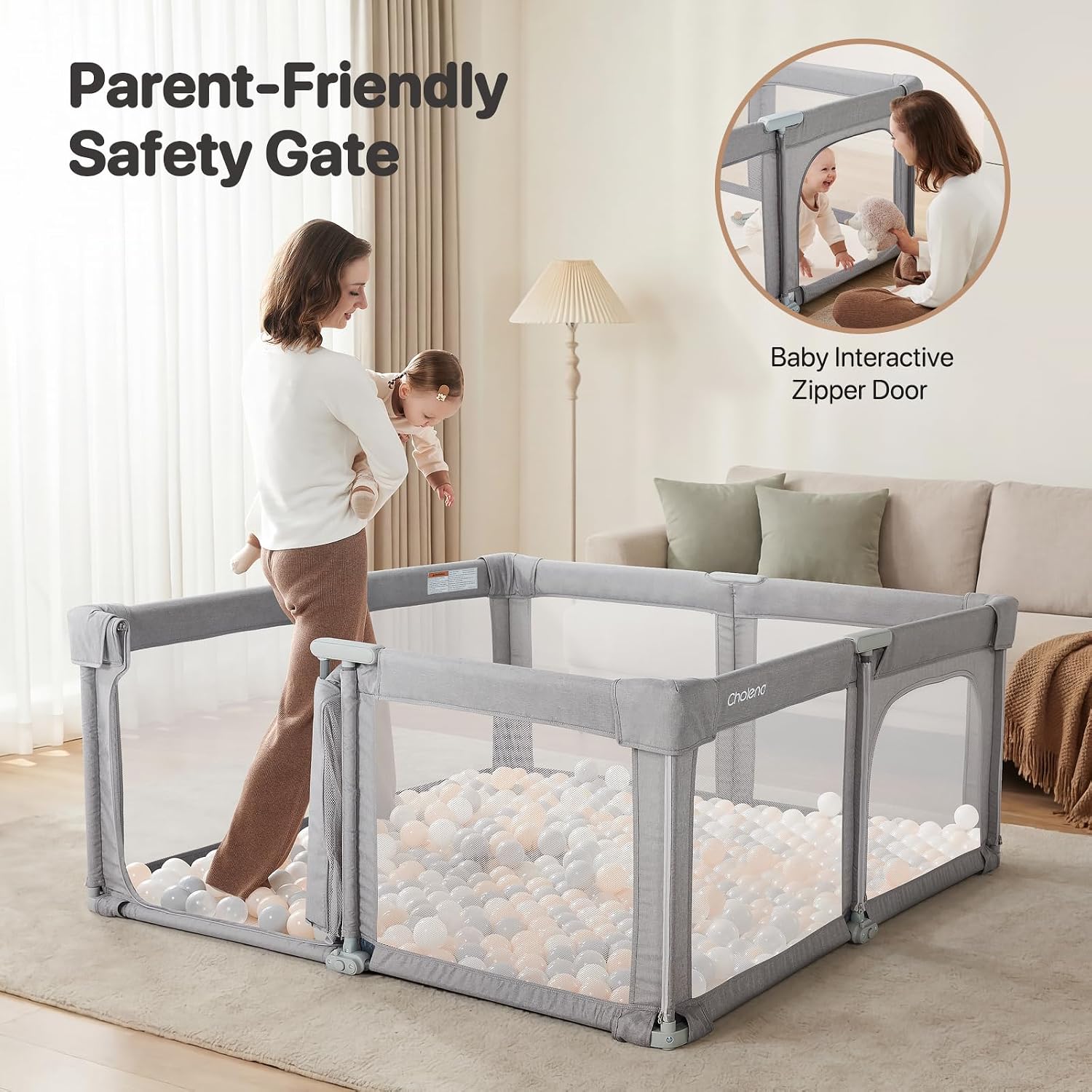 Foldable Baby Playpen,Portable Indoor & Outdoor Playpen for Babies and Toddlers,59”x79”Extra Large Play Pen with Gate,Collapsible Baby Fence with Travel Bag(Cationic Light Grey)