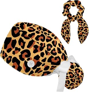 FVQL 2 Pieces Surgical Cap for Long Hair Scrub Cap with Hairband Nurse Cap, Leopard Print Pattern Abstract