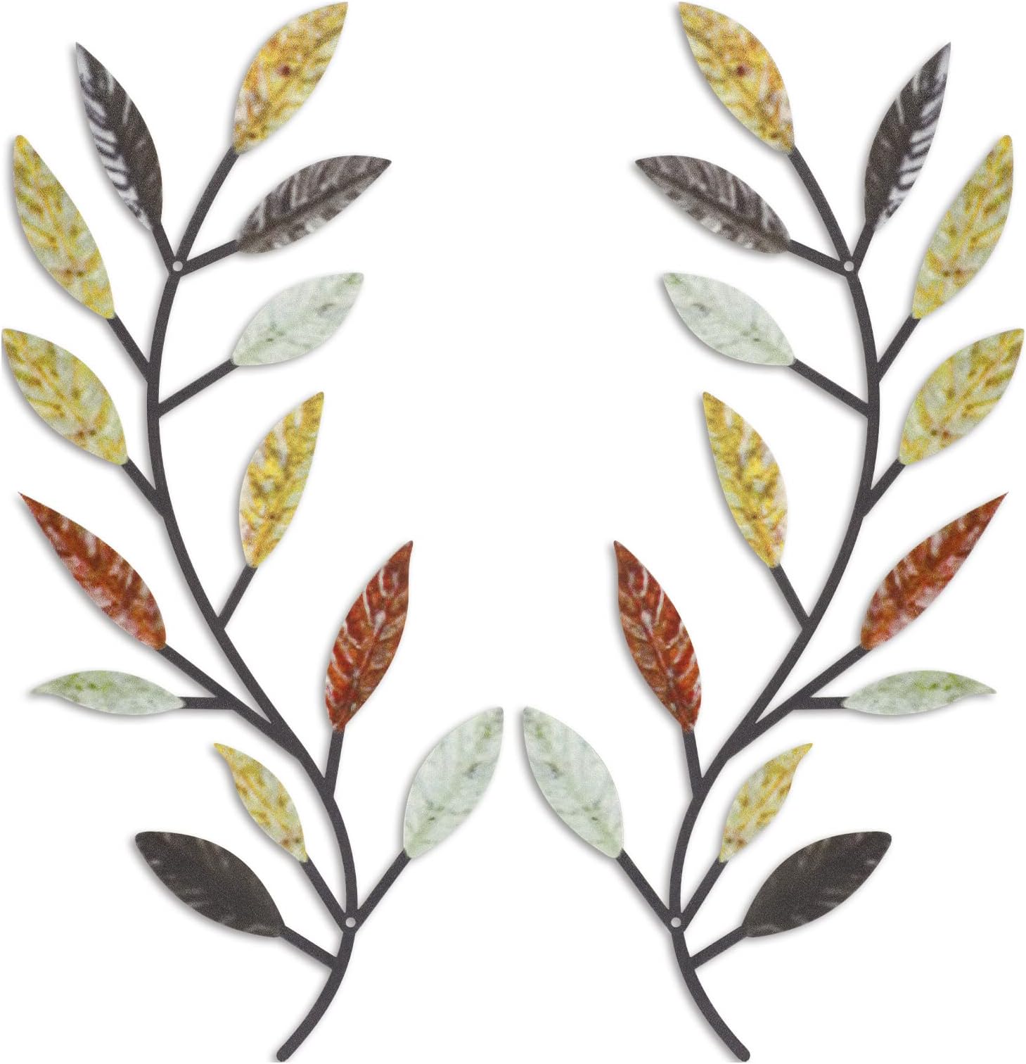 Zhengmy 2 Pieces Metal Tree Leaf Wall Decor Vine Olive Branch Leaf Wall Art Wrought Iron Scroll Above The Bed, Living Room, Outdoor Decoration (Multi Color)