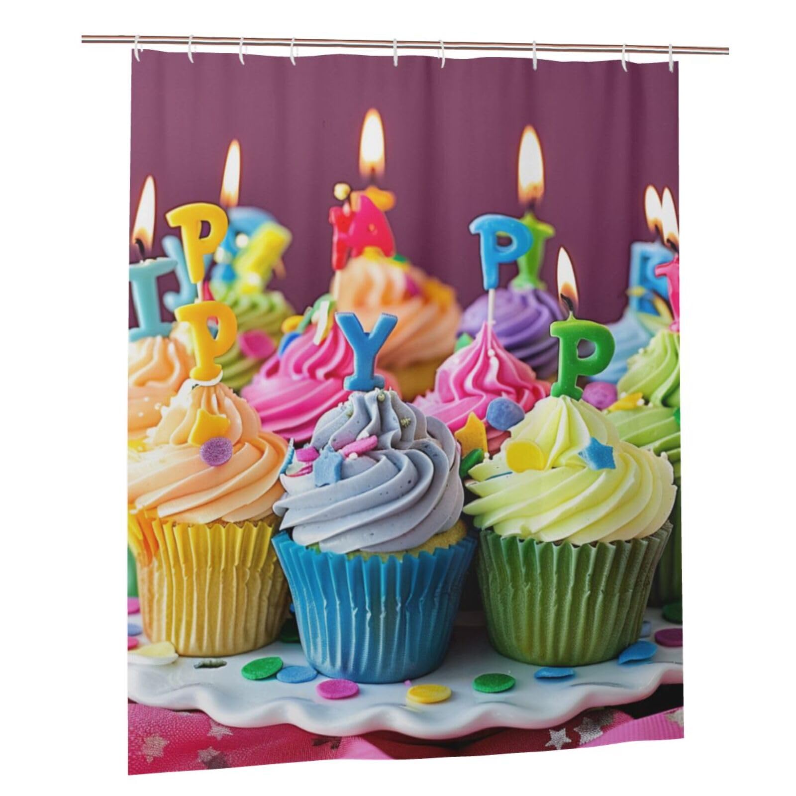 BWWHCCTI Colorful Happy Birthday Cupcakes Printed Shower Curtain With 12 Plastic Hooks Opaque Quick Drying Waterproof Shower Curtains Sets For Bathroom 152x183 Cm