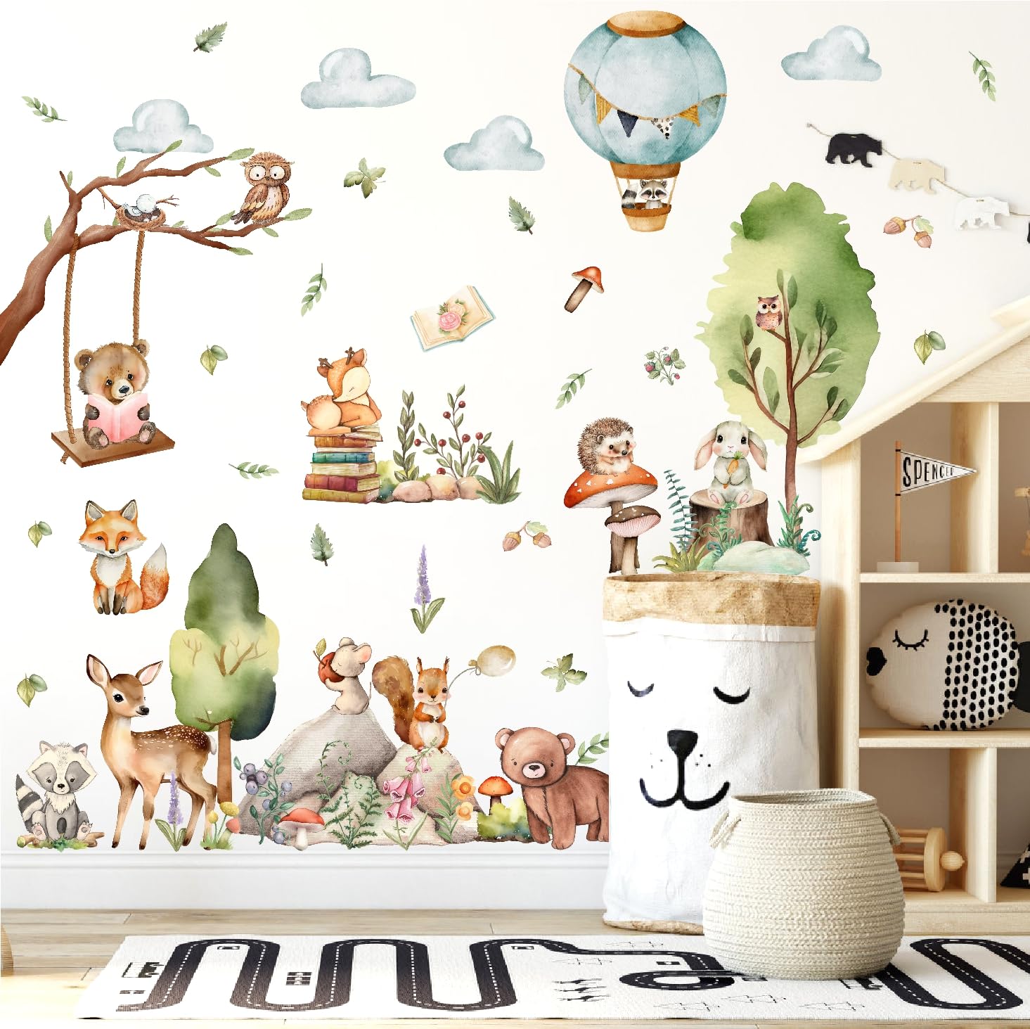 Woodland Animal Wall Stickers Jungle Forest Animal Wall Decals Cartoon Animals Wall Decals Peel and Stick Cute Balloon Cloud Tree Animals Wall
