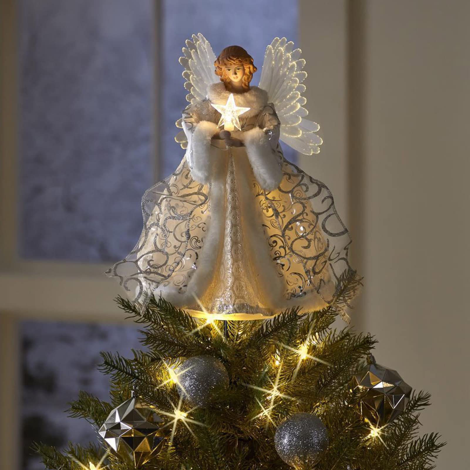 MOCIUN Engel Weihnachtsbaumspitze Dekorationen Leuchtender Stern und weiße Flügel Harz Engel Ornamente für Weihnachtsbaumschmuck