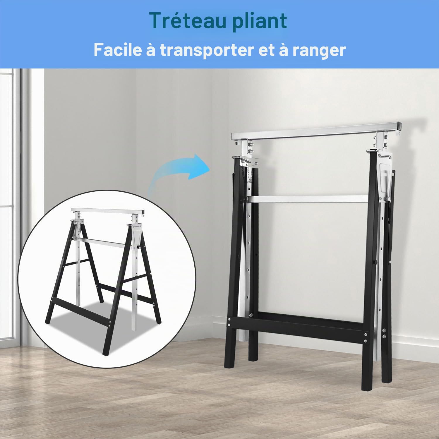 Lot de 2 tréteaux de travail réglables en hauteur sur 7 niveaux (80-130 cm), Tréteau d'échafaudage 400 kg par paire, pliable pour la maison, l'atelier et le jardin, noir