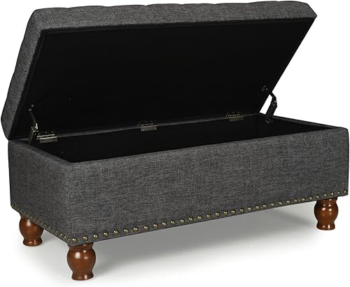 Miniatura 104 de Adeco Otomana de almacenamiento, banco tapizado rectangular de piel sintética con patas de madera, reposapiés, mesa de café para sala de estar,