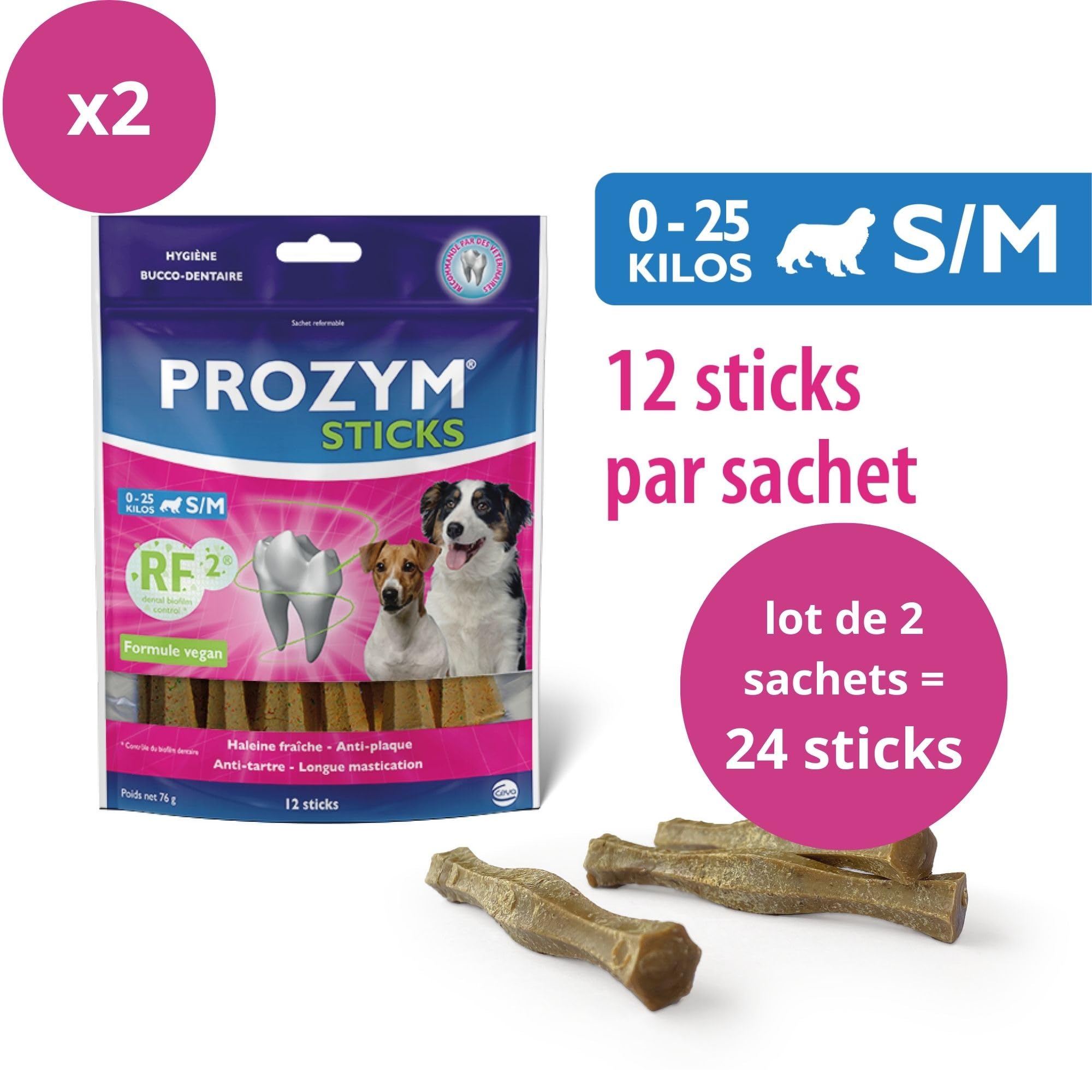 PROZYM RF2 Pack 2x12 Sticks - Spéciale Hygiène Dentaire Naturelle - Recommandé par des Vétérianire - Formule Vegan pour Chien - 24 Sticks (-25kg)