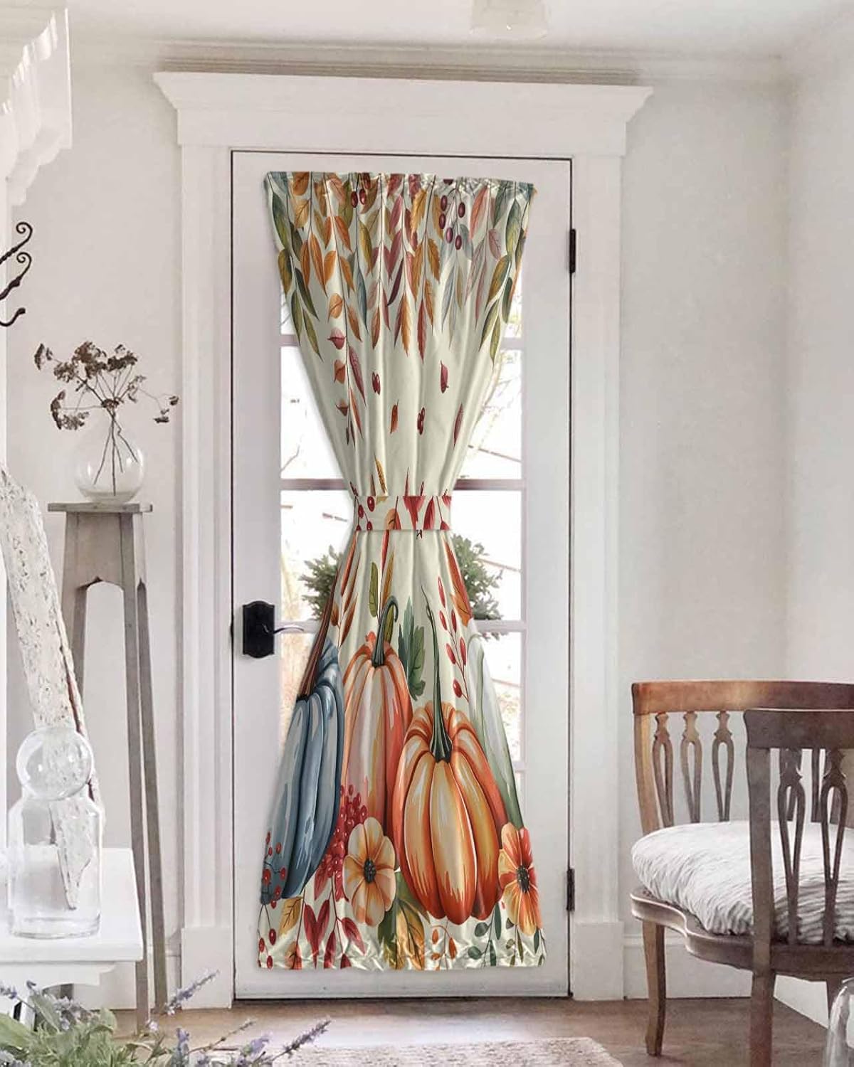 Orange Blue Fall Blackout Door Curtain, French Door Curtain Insulated Window Covering, Thanksgiving Pumpkins Botanical Privacy Window Curtains for Patio Sliding Glass Doors 72" Lx54 W