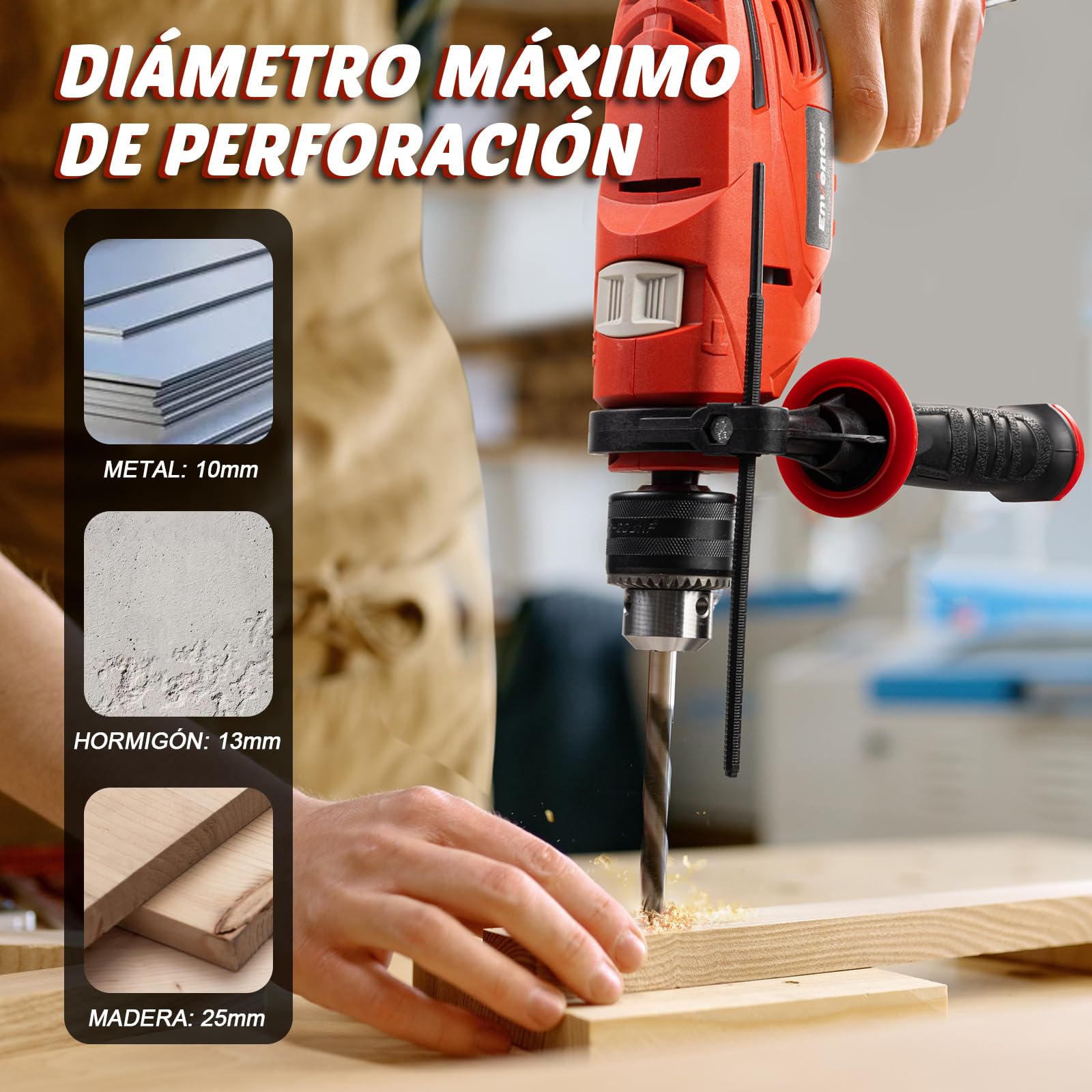 Enventor Taladro Percutor con Cable 900W, 37 Accesorios, Función 2 en 1, Velocidad Variable 0-3000RPM, Mango Auxiliar de 360°, Portabrocas de 13MM, para Concreto, Metal y Madera