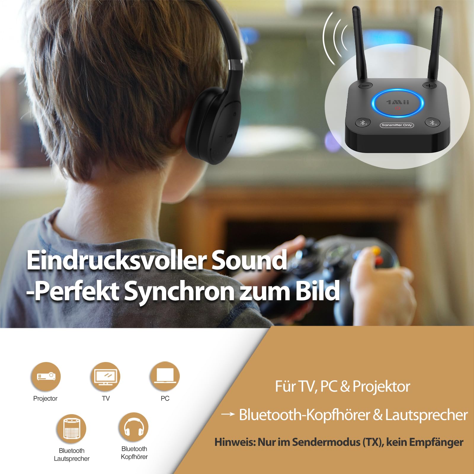 1Mii B06TX Bluetooth 5.3 Transmitter für TV mit aptX HD & Low Latency, Großer Reichweite Audio Adapter für 2 Kopfhörer oder Lautsprecher, 3,5mm AUX/Optischer/Koaxialer Ausgang, Lautstärkeregelung