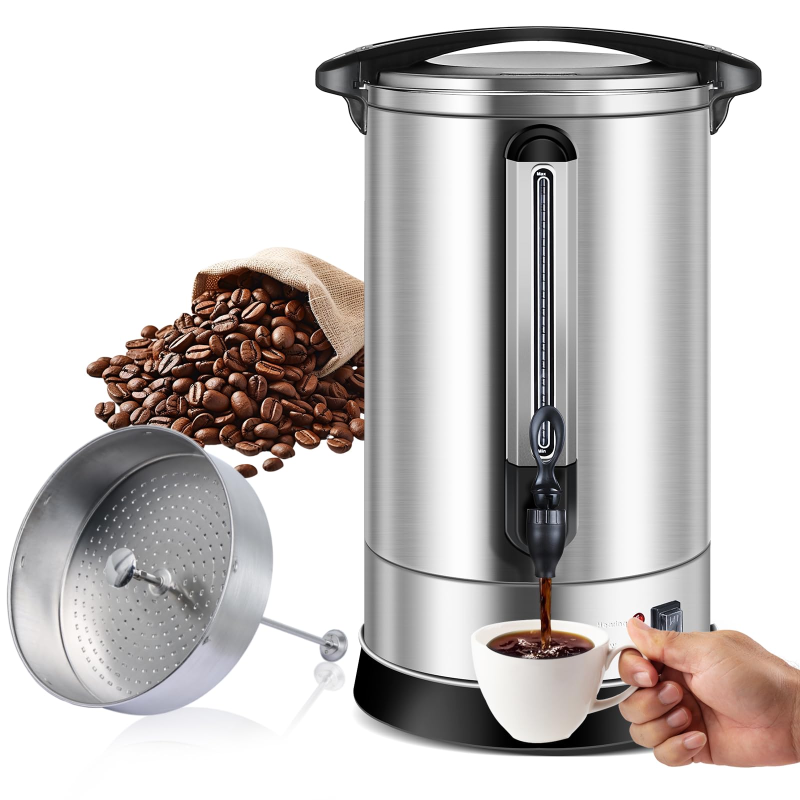 Homtone percolateur à café 120 tasses/18L à double paroi, percolateur industriel avec filtre rond et robinet, distributeur d'Eau Chaude pour Café, Thé, 1500W (Argent)
