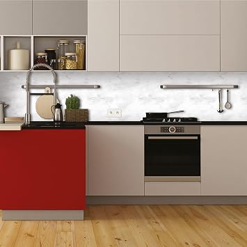 CREARREDA Kitchen Splashback Cover Adhesive for Stoves 60 x 58 cm Glossy Effect 1 mm Thick and Rigid Fireproof and Resistant to Heat, Water and Carrara Marble Colour