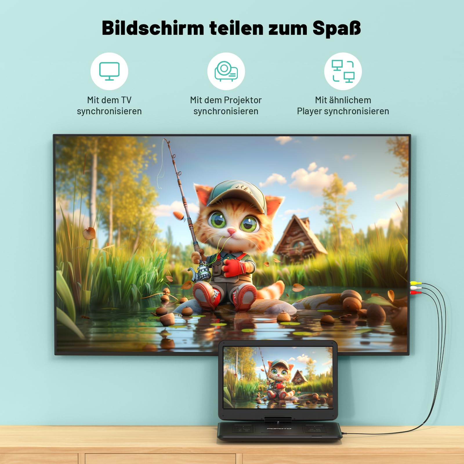 POFOTO 17,5'' Tragbarer DVD-Player mit 15,6'' Drehbarem HD-Display, 6h Akkulaufzeit, Unterstützt Mehrere Formate/SD/USB, TV/Projektor-Sync, Stoßfest & Speicherfunktion, Stereo-Lautsprecher (Schwarz)