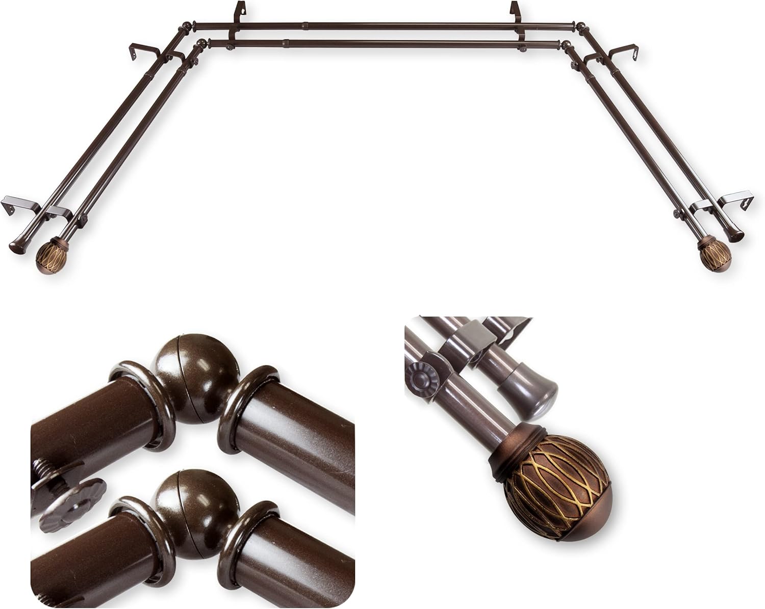 A&F Rod Décor - Tucker 13/16" Bay Window Double Curtain Rod 20"-36", 38"-72" - Antique Brass