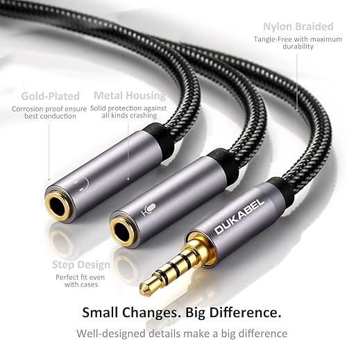 Miniatura 4 de DUKABEL Adaptador divisor de auriculares, conector de 0.138 in, adaptador de enchufe de micrófono y auriculares de 0.138 in, cable adaptador de