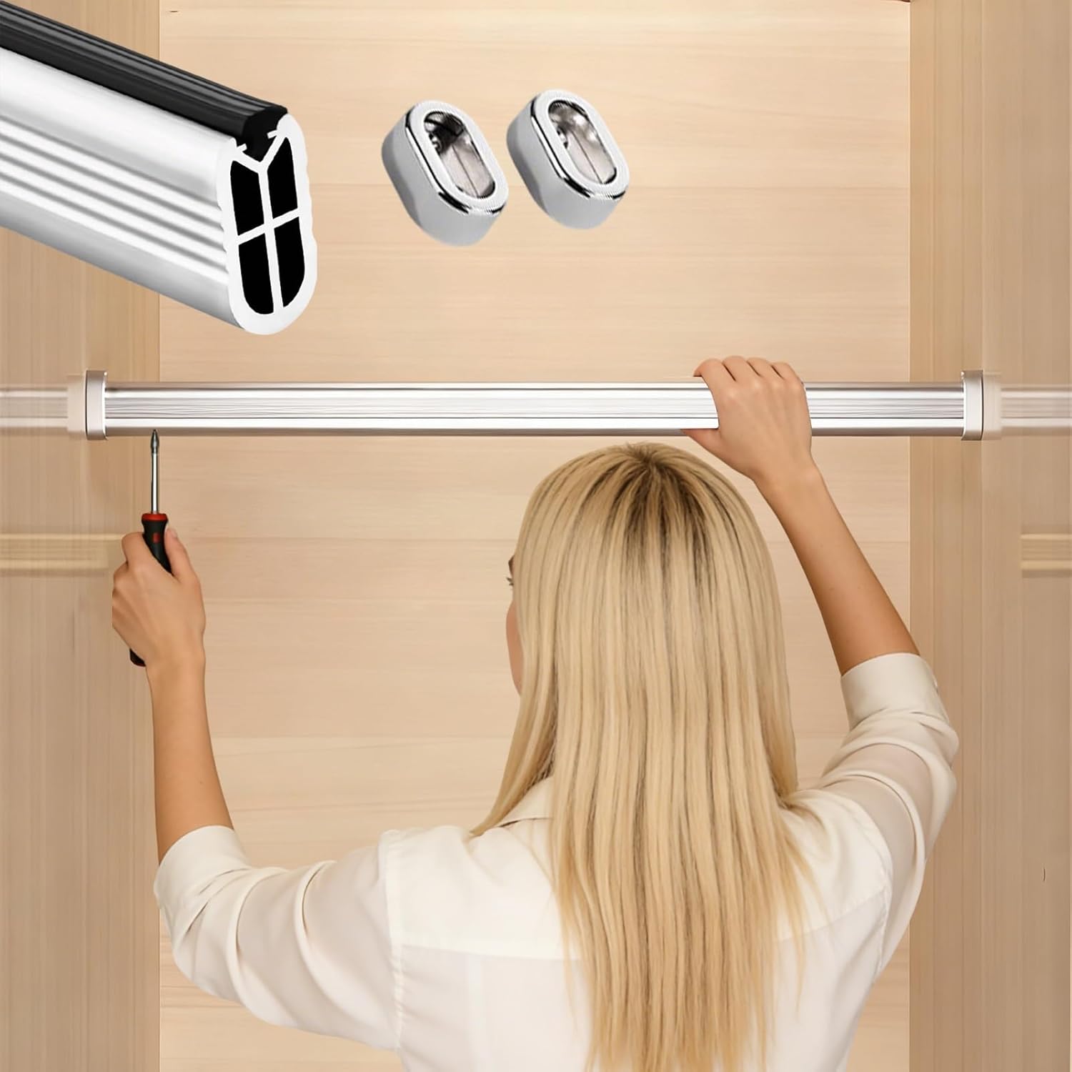 Heavy-Duty Oval Closet Rod for Hanging Clothes & Curtains, 2.6mm Thickened Metal Hanger Bar, Silent Wardrobe Tube with Support Holder (Silver, 52cm/20.5in)