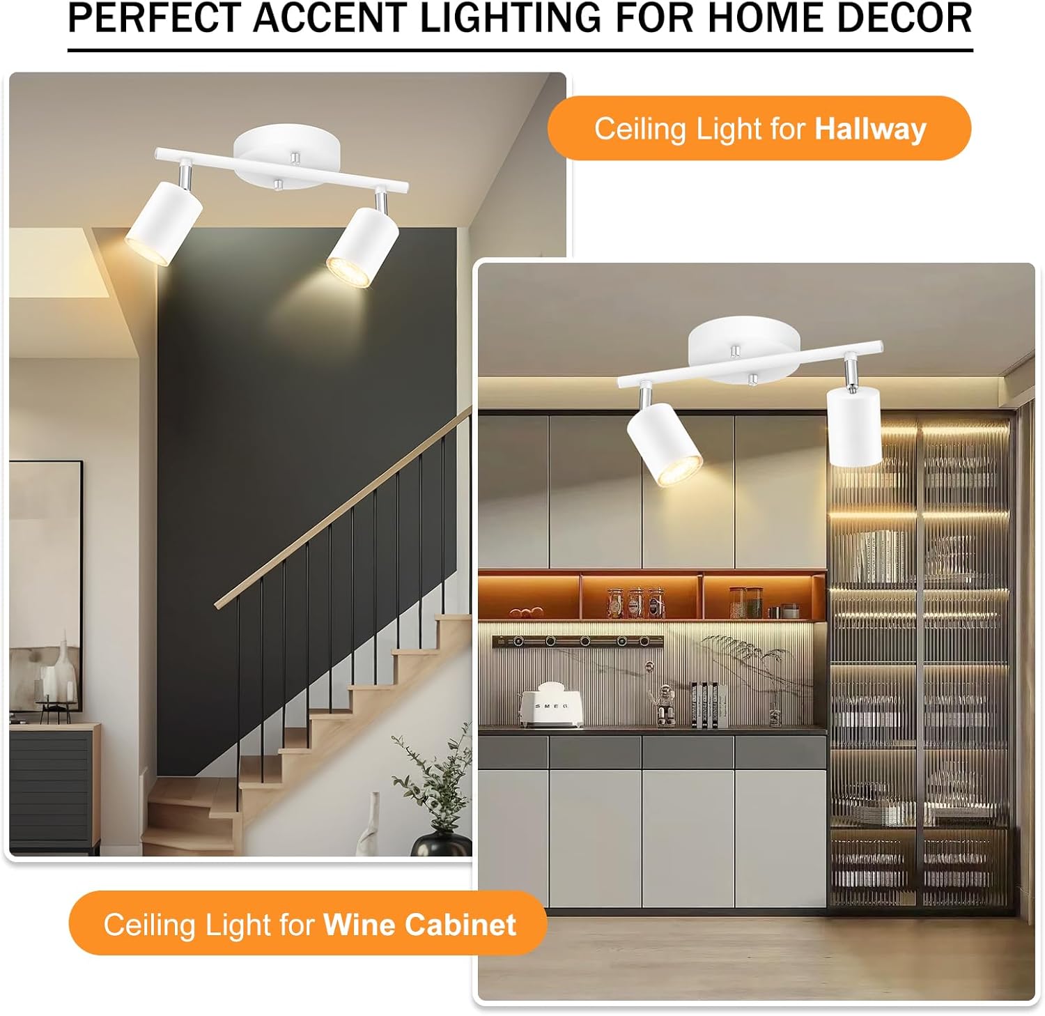 Track Lighting Fixture Ceiling White, Modern LED Track Lights Kit, 2 Lights Ceiling Lighting for Kitchen, Rotatable Spotlight Heads, Wall Mount Spot Lighting for Island/Bedroom(GU10 Socket, NO Bulb)