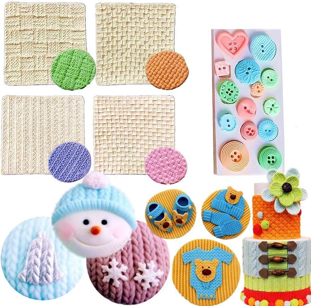JeVenis 5 PCS Mini Knitting Sweater Fondant Mold Crochet Texture Cake Decoration Button Impression Mat for Baby Shower Party Cupcake Cake Decoration
