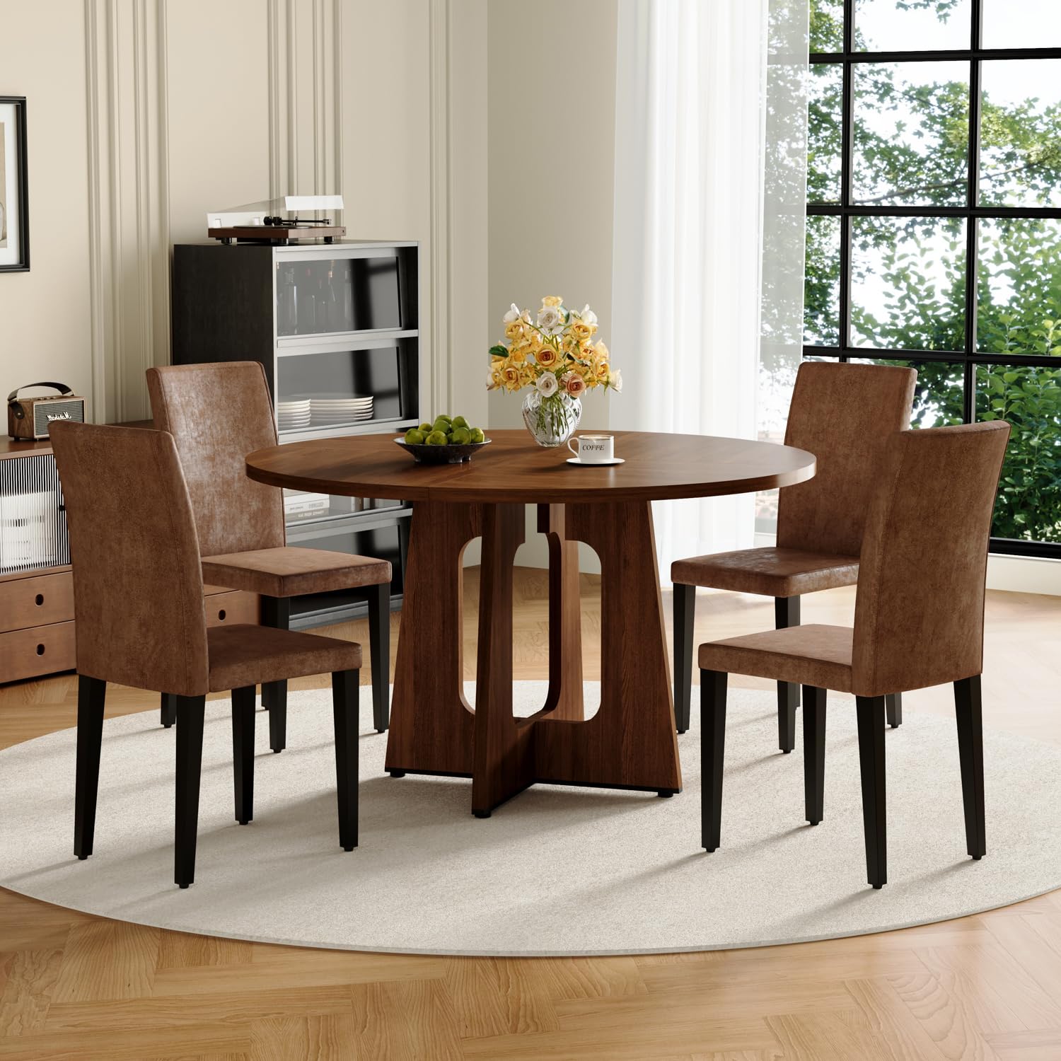 47" Round Dining Table Set for 4, Walnut Wood Grain Table and 4 Chairs Set