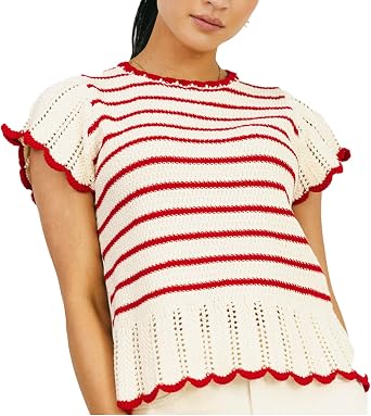 VAOYIU Womens Striped Breeze Crochet Top Cap Sleeve Ruffle Edges Knit Sweater Vest Casual Summer Fashion Cute ShirtRed-L