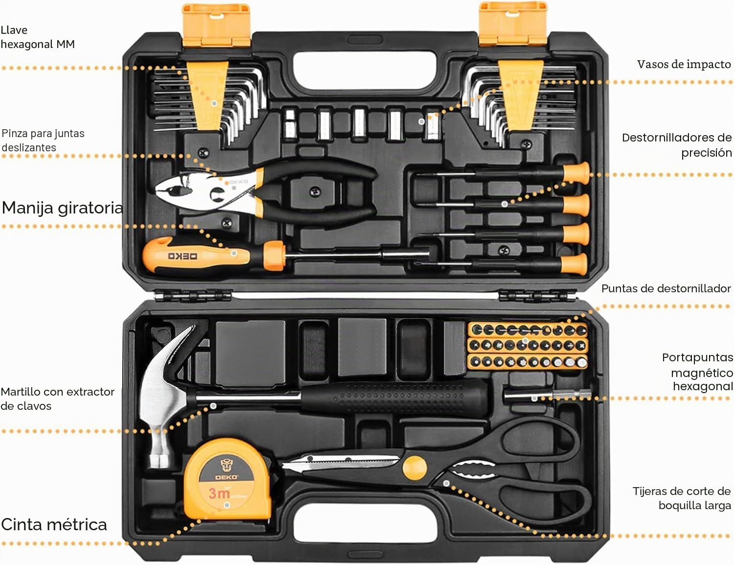 DEKOPRO Juego de 62 Herramientas Manuales, Caja de Herramientas Pequeña y Portátil, para hogar, oficina, bricolaje y reparaciones, Amarillo