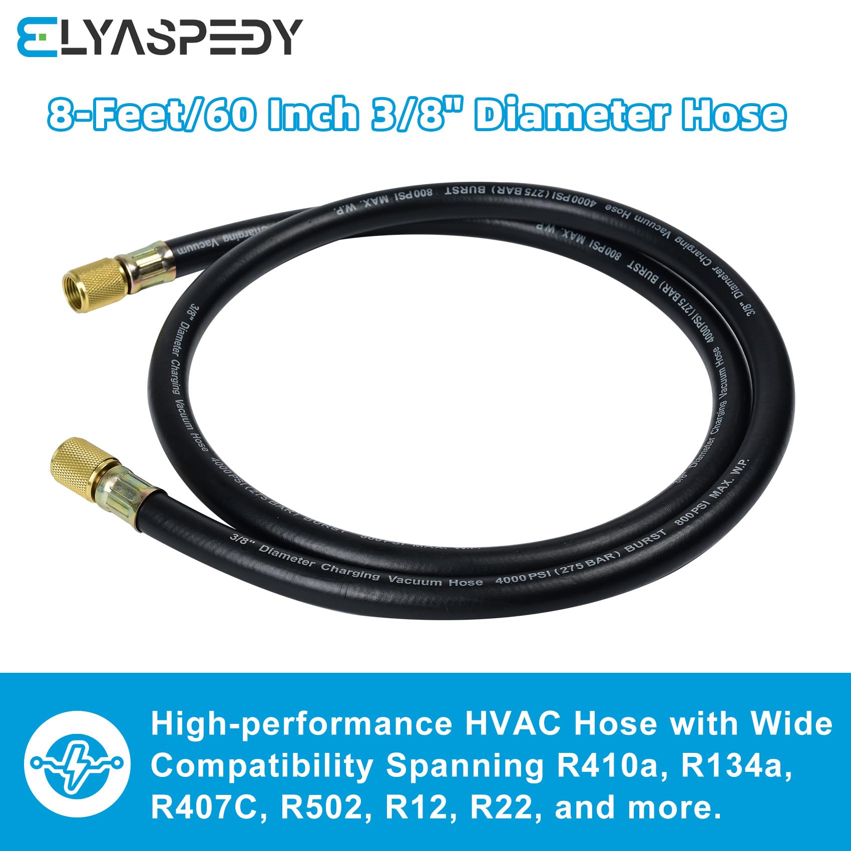 HV1 - Manguera de vacío de 3/8 pulgadas, accesorios: 3/8 pulgadas x 3/8 pulgadas, presión de trabajo: 800 (Psi), presión de ráfaga: 4000 (Psi), compatible con la mayoría de equipos de refrigeración y