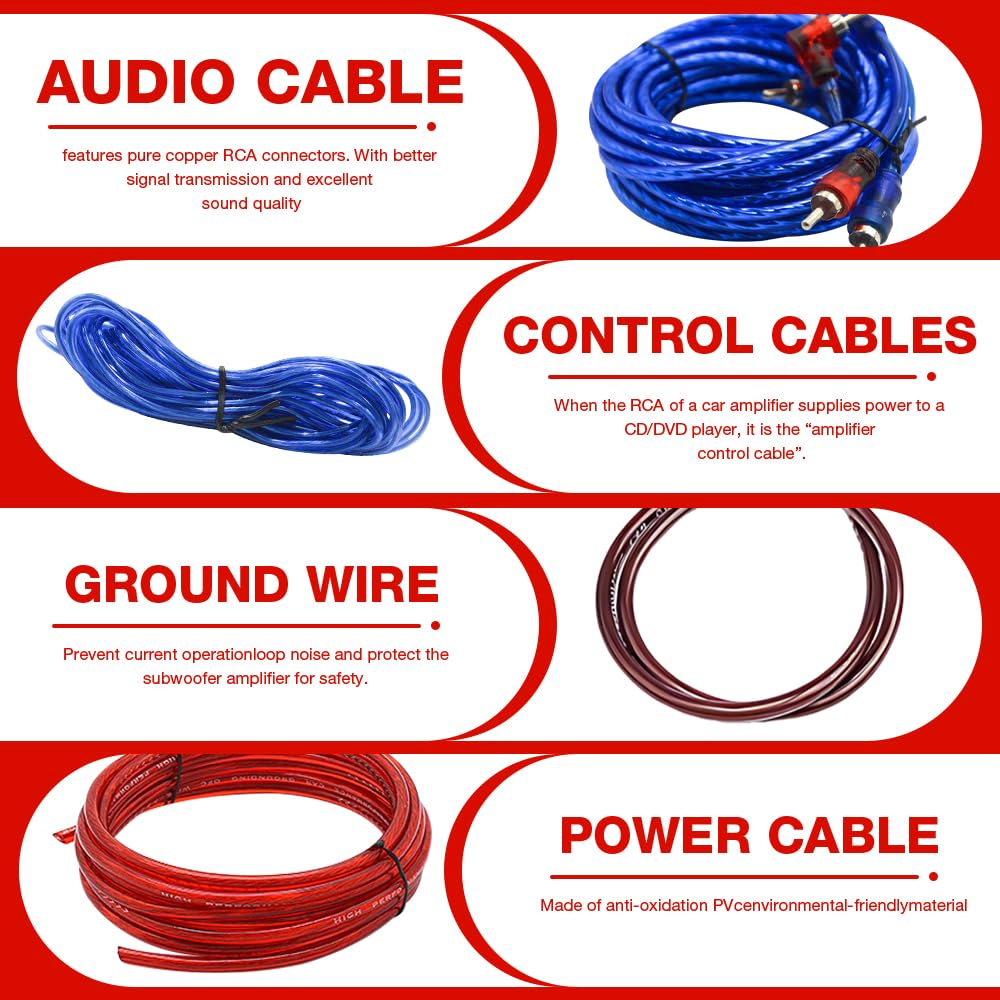 Kit Cavi Amplificatore Auto, HOVCEH 10GA Cavo Subwoofer, 800W Cavi RCA Audio alta Qualità, 4,5 m Kit Cablaggio Amplificatore Auto