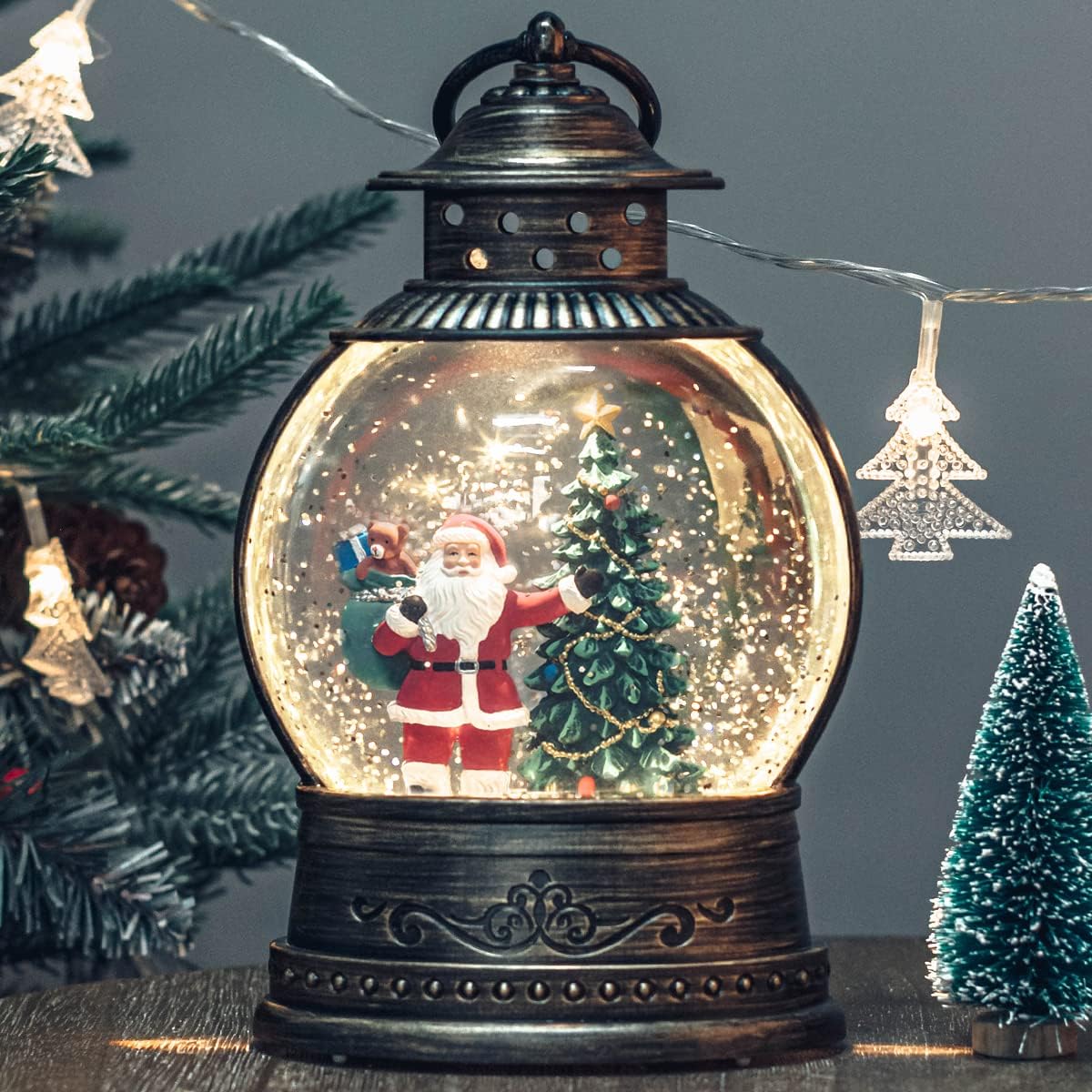 Christmas Snow Globes, Christmas Tree Santa Claus Water Lantern, 8 Christmas Music, USB Powered & Battery, Holiday Decorations Gifts for Family, Children or Friends