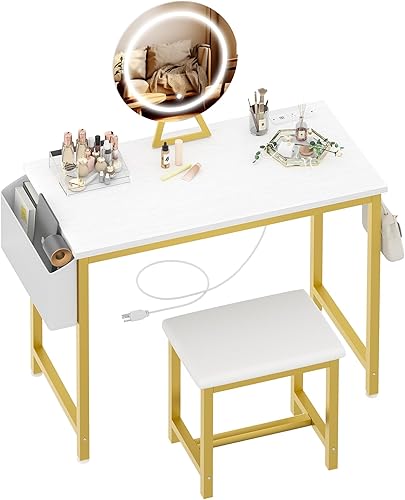 Vista 9 de Pequeño escritorio de tocador con espejo y luces – Set de tocador mini para niñas con mesa de maquillaje con silla, toma de corriente, mesa de dorado
