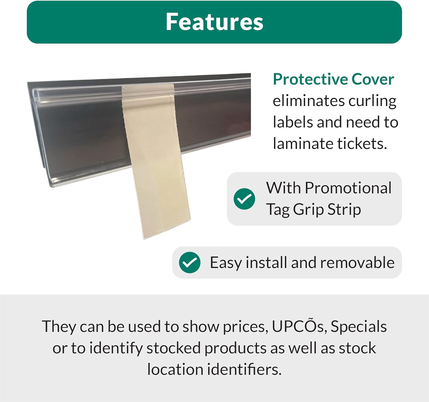 Price Tag molding and Ticket Holder for Retail Shelf Labels with Promotion Tag Grip Strip | Lozier, Maddix, & Gondola Shelving | 47.625"L x 1.25"H Labels | 50 Pack | Black