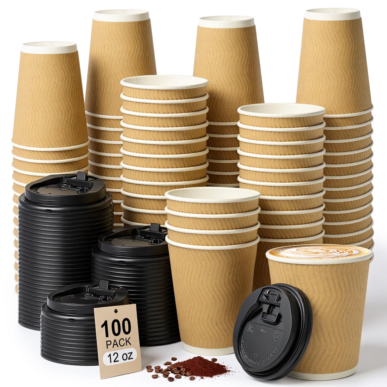 ALEXPRE 100 Pack Disposable Takeaway Coffee Cups with Lids,12oz Paper Cups with Lids,Brown Kraft Ripple Walled Cups for Takeaway Hot&Cold Drinks,Travel, Party, and Office Use