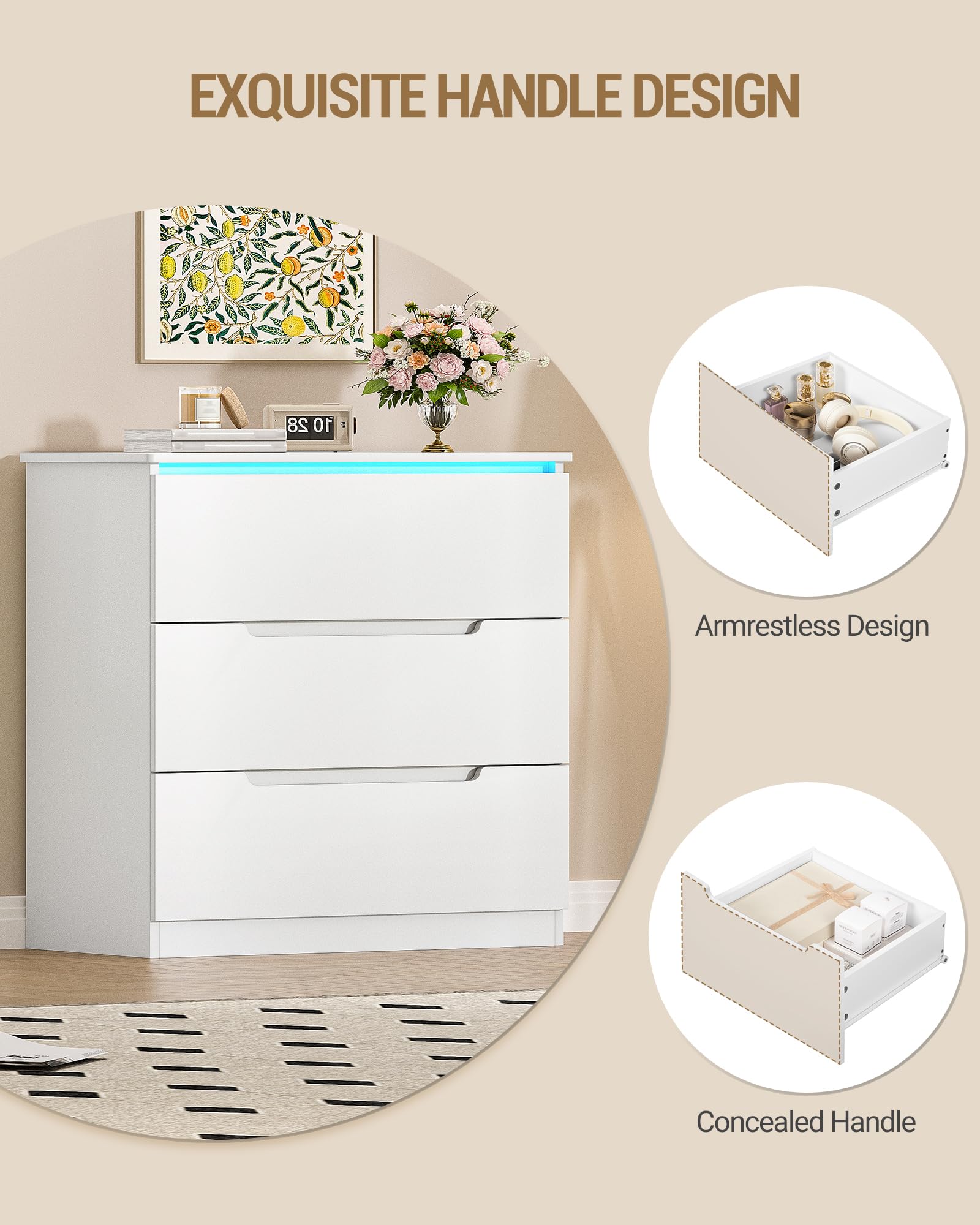 Hzuaneri Kommode, Mit LED-Beleuchtung, Kommode mit 3 Schubladen, Spind mit Beleuchtung, Moderner Stil, Geeignet für Wohnzimmer und Schlafzimmer, 40 x 70 x 80 cm, Weiß DC01303XEU