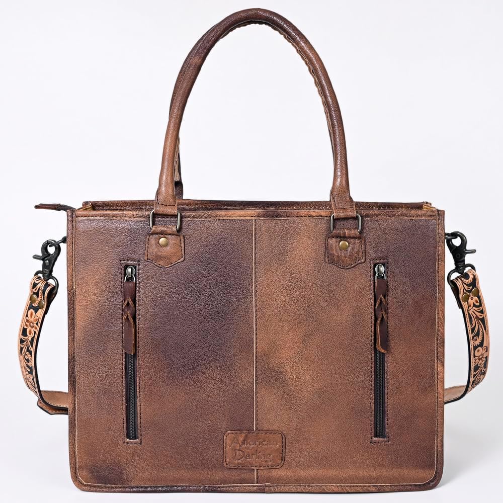American Darling Tote Bag - Western Leather Hand Tooled Floral Carved Purse with Hair-On Cowhide, Fringes & YKK Zipper