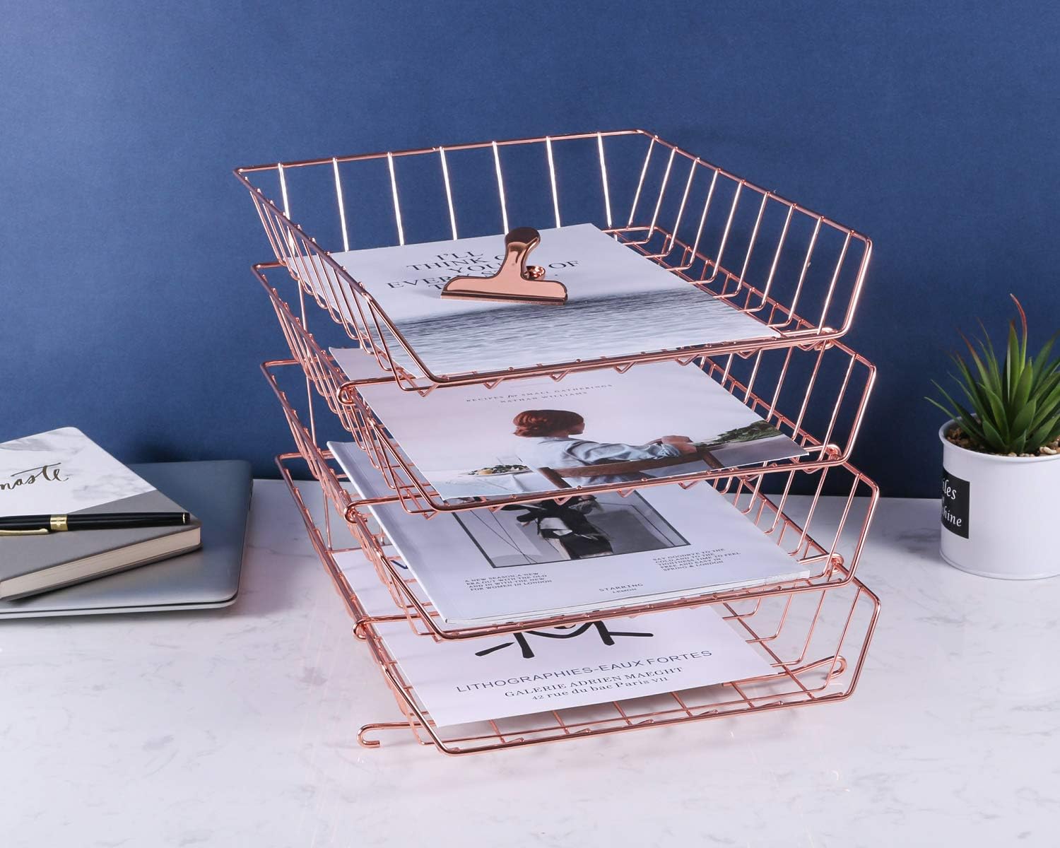 Z PLINRISE Stackable Letter Tray, 4-Tier Desk File Organizer for Mails, Magazines, Documents and Accessories, Wire Paper Tray for Home, School and Office, Rose Gold