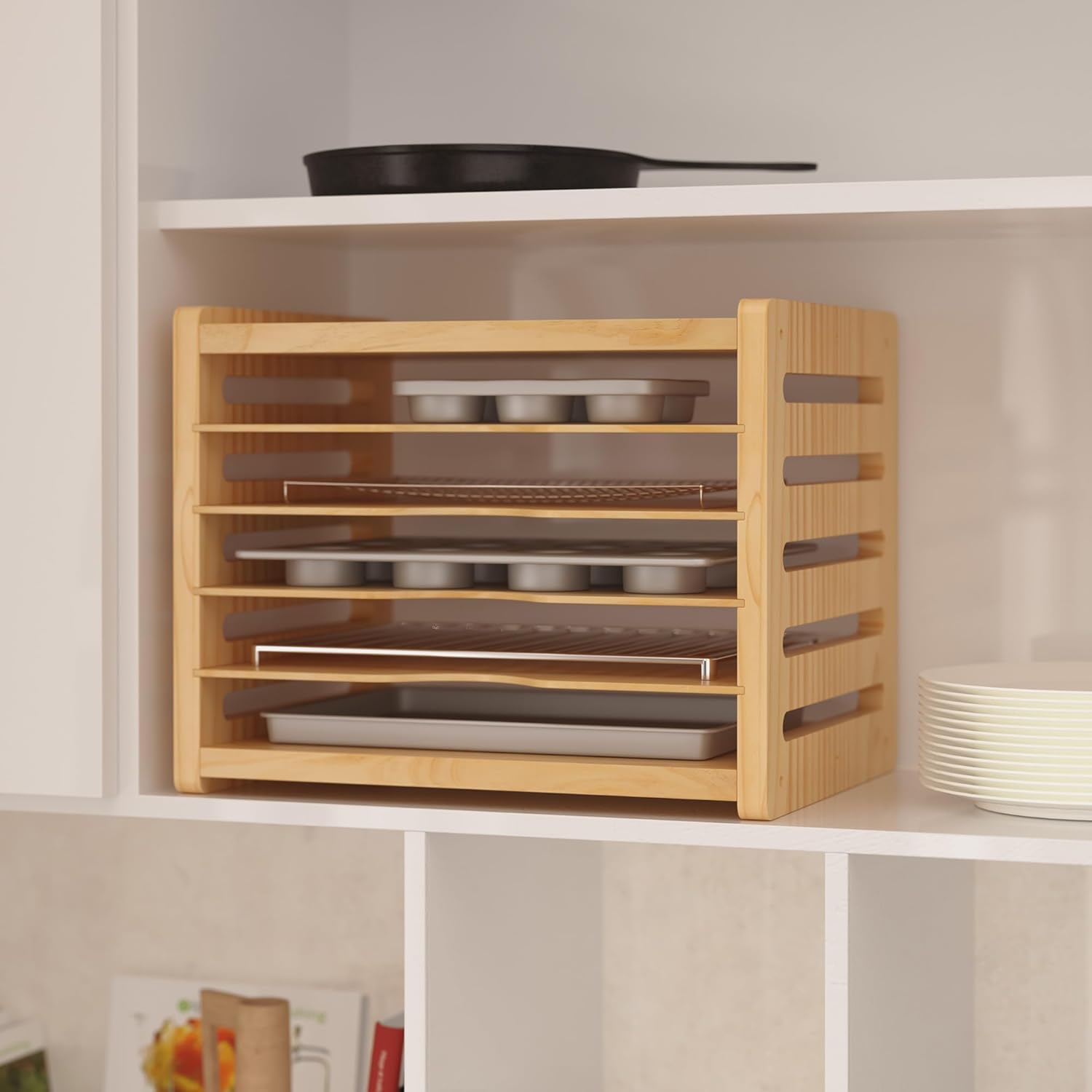 6 Tier Wooden Tray Dividers for Cabinets, Kitchen Vertical Cookie Sheet Organizer, Baking Trays Storage Rack for Baking Pans, Cutting Board