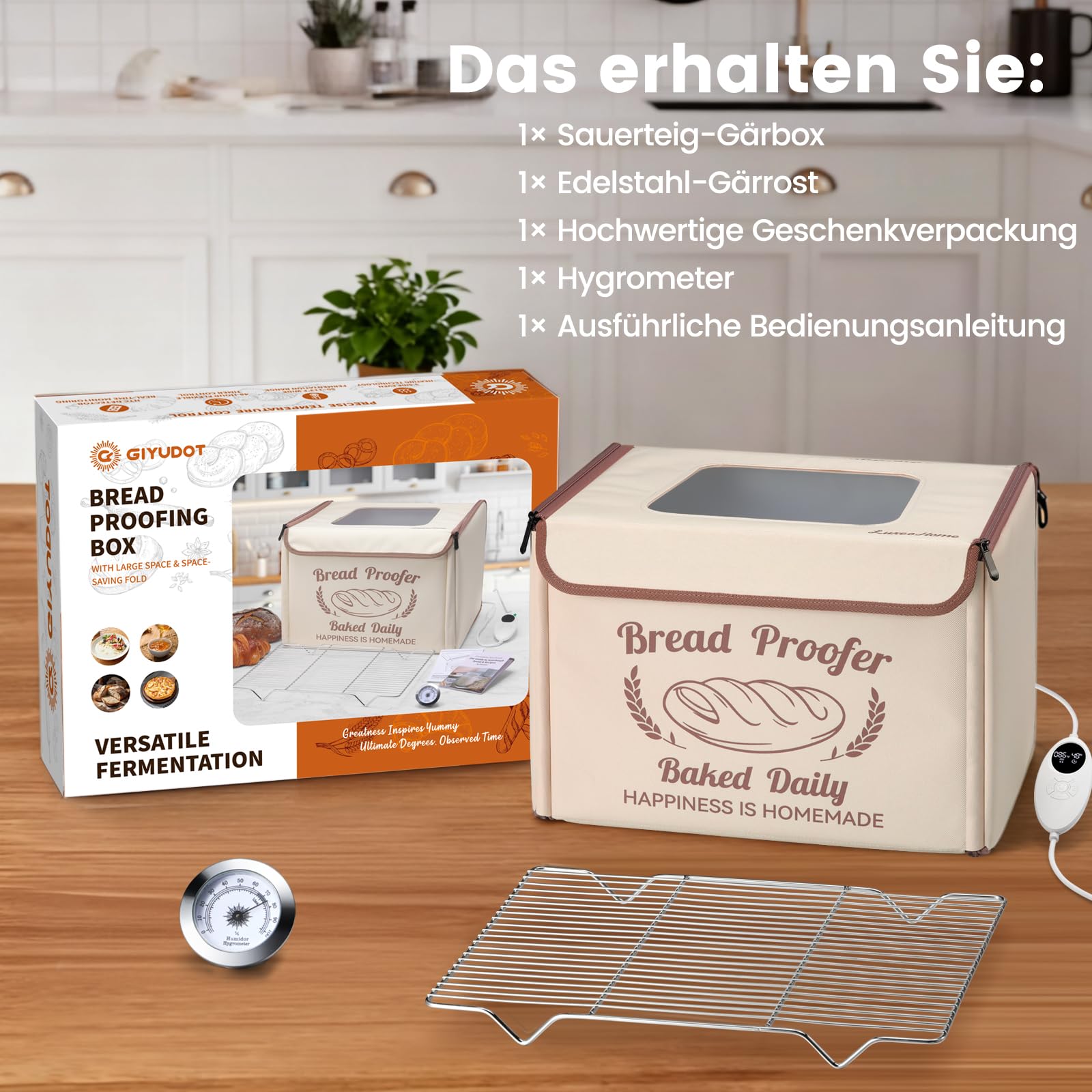 Faltbare Gärbox mit Temperaturregelung 20–40°C & 48h-Timer, Teiggärbox mit Metallregal und Hygrometer, ideal für Sauerteig, Brot, Pizza, Joghurt und Kombucha, Platzsparend & Präzise Kontrolle