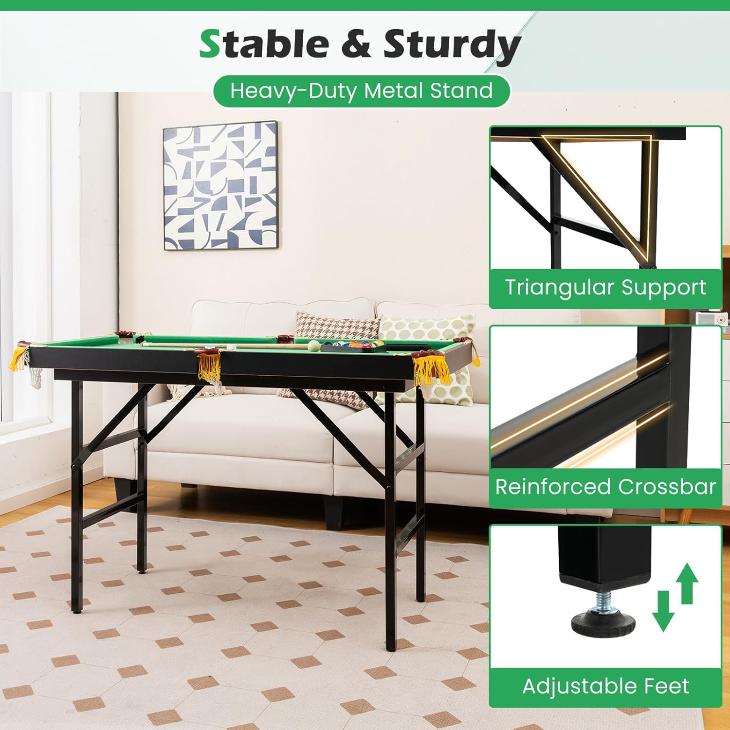 GLACER 48" Foldable Pool Table Set, Portable Billiards Table with 2 Cue Sticks, 16 Balls, Triangle Rack, 2 Chalks & Brush, Compact Folding Design for Kids, Indoor & Outdoor Use