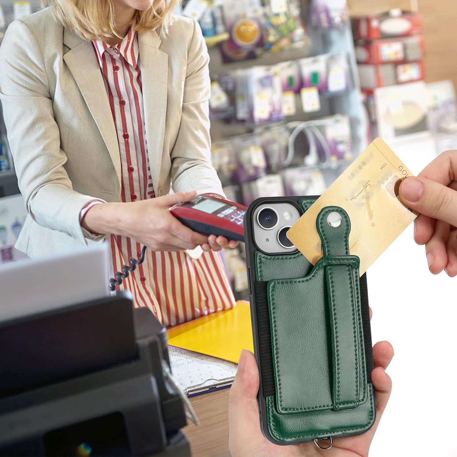 TOOVREN Wallet Case for iPhone 15 Case with Card Holder Lanyard Leather Phone Cover Fits iPhone 15 Wallet Case with Strap Stand for Women & Men 6.1 Inch Green